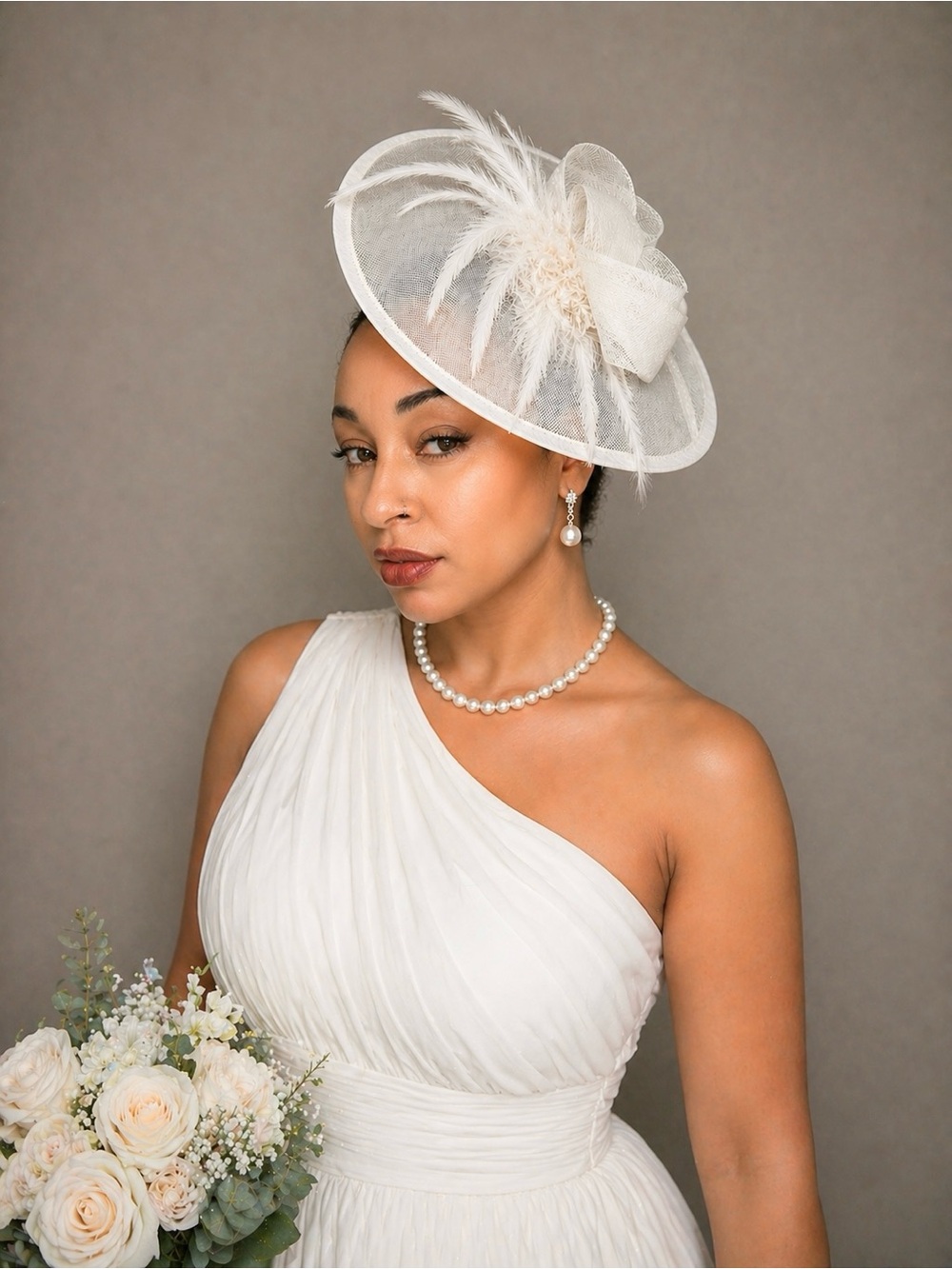 Elegant White Bridal Fascinator Hat with Feather Detail